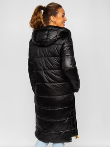 Dam Lång Quiltad Vinterjacka med huva Svart Bolf J9063