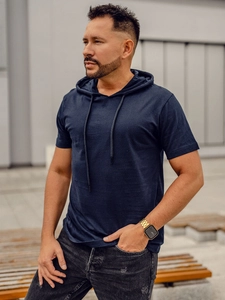 Herr Bomulls Basic T-shirt med huva Marinblå Bolf 14513A