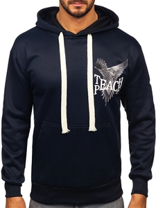 Herr Huvtröja med tryck och känguruficka Marinblå Bolf M279