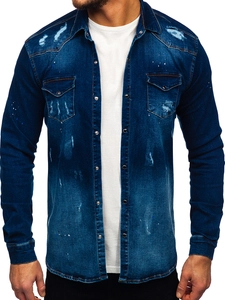 Herr Långärmad Jeansskjorta Marinblå Bolf R802