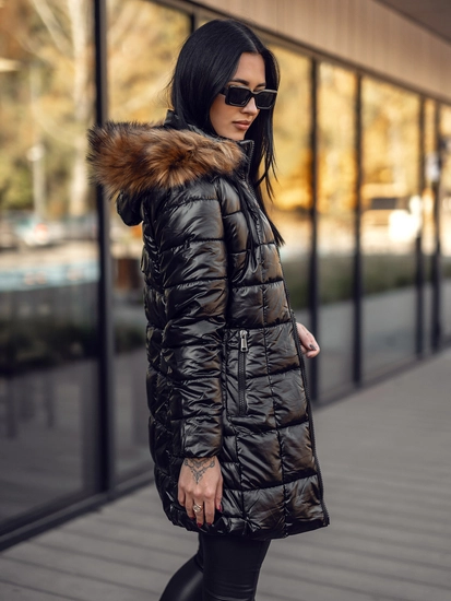 Dam Lång Quiltad Vinterjacka med huva Svart-Brun Bolf 16M9120A