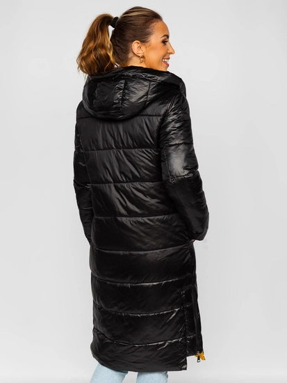 Dam Lång Quiltad Vinterjacka med huva Svart Bolf J9063