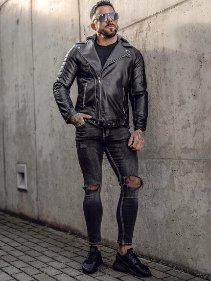 Herr Skinnjacka Bikermodell med huva Svart Bolf 11Z8005