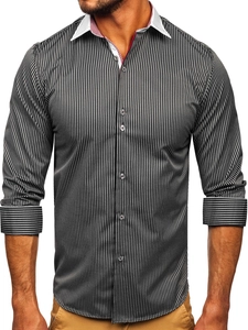 Herr Elegant Randig Långärmad Skjorta Svart Bolf 4785