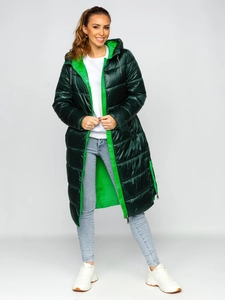 Dam Lång Quiltad Vinterjacka med huva Grön Bolf J9063