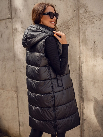 Dam Lång Quiltad Väst med huva Svart Bolf R8212A