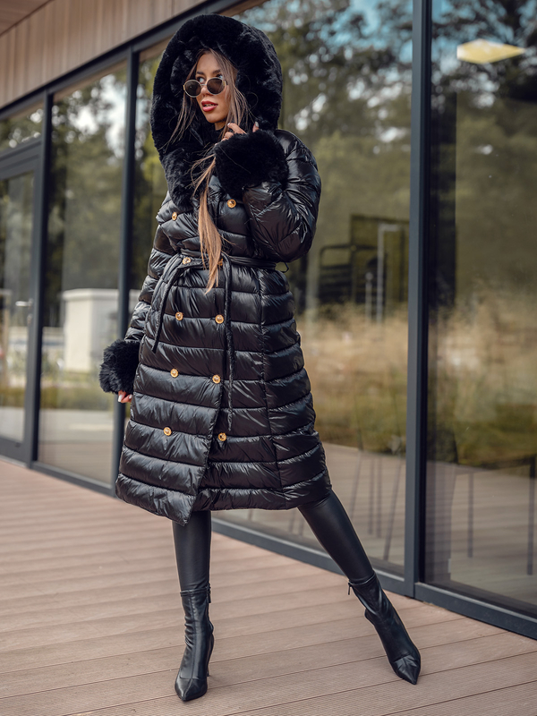 Dam Lång Quiltad Vinterjacka med huva Svart Bolf 5M3160