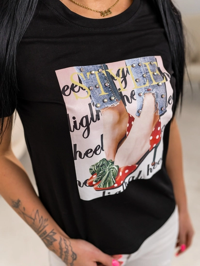 Dam T-shirt med tryck Svart Bolf 95T2506