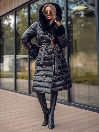 Dam Lång Quiltad Vinterjacka med huva Svart Bolf 5M3160