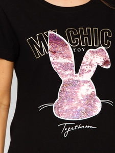 Dam T-shirt med tryck och med paljetter Svart Bolf DT059