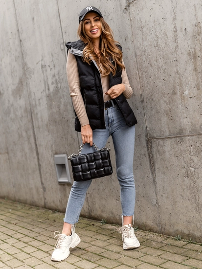 Dam Lång Quiltad Väst med huva Svart Bolf 7051A