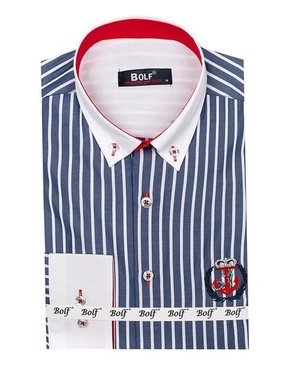 Herr Randig Långärmad Skjorta Marinblå Bolf 1771