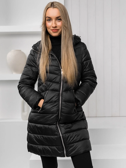 Dam Lång Quiltad Vinterjacka med huva Svart Bolf 11Z8083