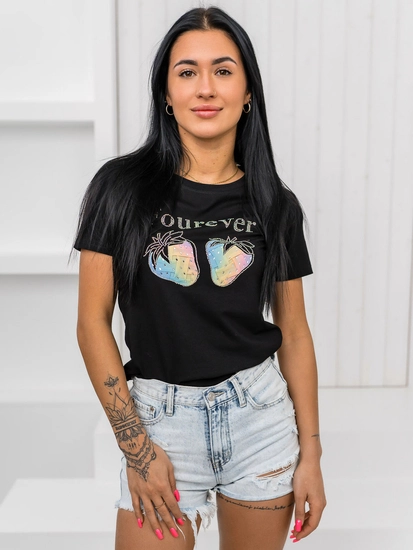 Dam T-shirt med tryck Svart Bolf 95T2518