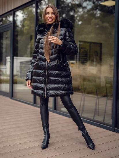 Dam Lång Quiltad Vinterjacka med huva Svart Bolf 5M3162