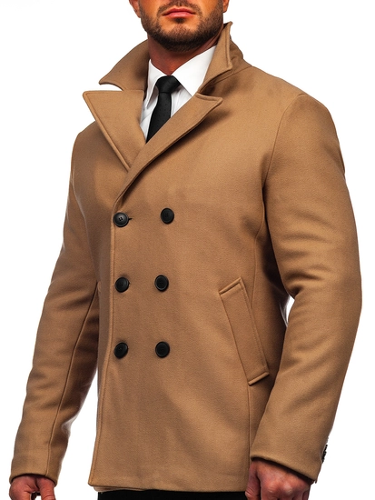 Herr Dubbelbröstad Vinterrock med hög krage Kamel Bolf 8801