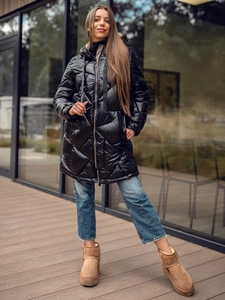 Dam Lång Quiltad Vinterjacka med huva Svart Bolf 5M3189