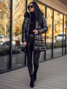 Dam Lång Quiltad Vinterjacka med huva Svart Bolf 16M9120A