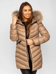 Dam Lång Quiltad Rock Vinterjacka med naturlig päls Brown Bolf M688