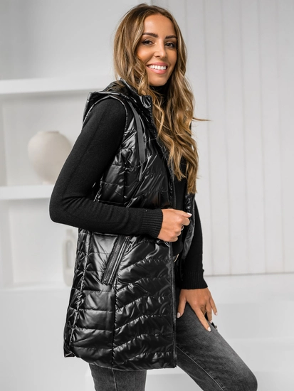 Dam Lång Quiltad Väst med huva Svart Bolf 7632