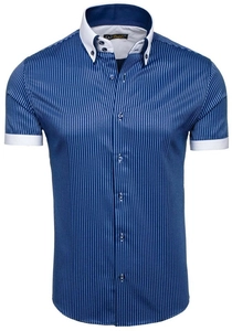 Herr Randig Kortärmad Skjorta Marinblå Bolf 1808