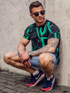 Herr Bomulls T-shirt med tryck Svart Bolf KS1972A