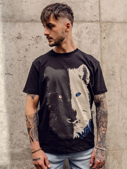 Herr Bomulls T-shirt med tryck Svart Bolf 14800A