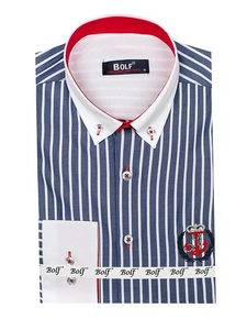 Herr Randig Långärmad Skjorta Marinblå Bolf 1771