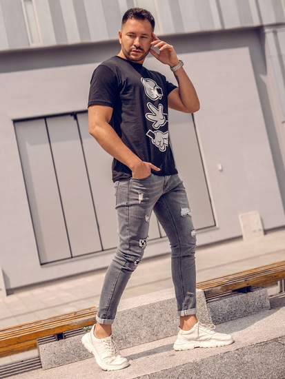 Herr Bomulls T-shirt med tryck Svart Bolf KS1997A