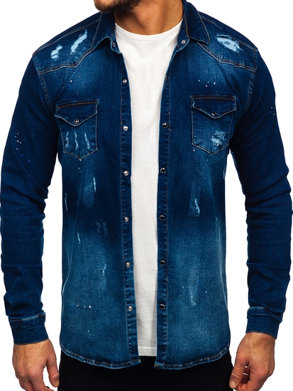Herr Långärmad Jeansskjorta Marinblå Bolf R802