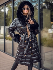 Dam Lång Quiltad Vinterjacka med huva Svart Bolf 5M3160