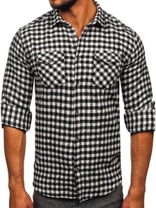 Herr Rutig Långärmad flanellskjorta Svart-Vit Bolf 22701