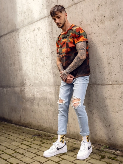 Herr Camo T-shirt med tryck Grön-Orange Bolf S808A1