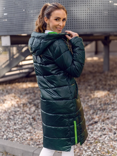Dam Lång Quiltad Vinterjacka med huva Grön Bolf J9063