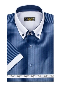 Herr Randig Kortärmad Skjorta Marinblå Bolf 1808