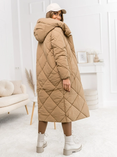 Dam Lång Quiltad Vinterjacka med huva Kamel Bolf 5M3173