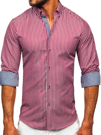 Herr Randig Långärmad Skjorta Vinröd Bolf 22730