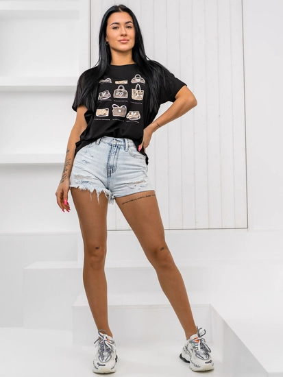 Dam T-shirt med tryck Svart Bolf 95T2531