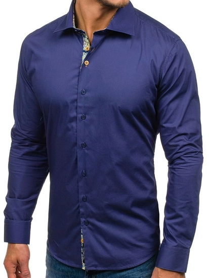 Herr Elegant Långärmad Skjorta Marinblå Bolf 9983