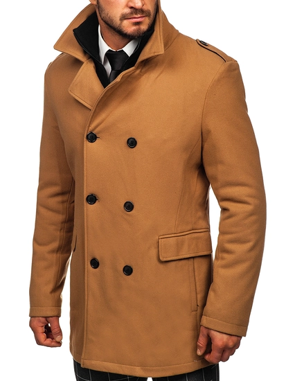 Herr Dubbelbröstad Vinterrock med avtagbar ståkrage Kamel Bolf 8805