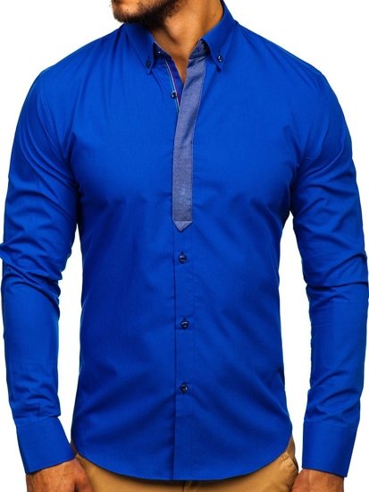 Herr Elegant Långärmad Skjorta Royal Blå Bolf 3725